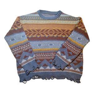 Romwe Grunge Punk Sweater M Blue Brown Striped Distressed Knit Goth Y2K Emo
